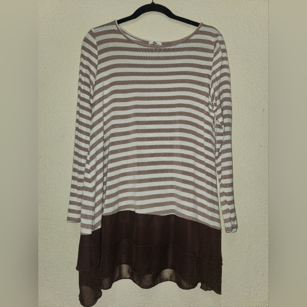 Boatline Neck Tunic w/2 Tier Layered Sheer Hem, Taupe & Chocolate, SMALL ~ NWOT